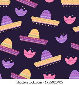 Mexican traditional sombrero with flowers seamless pattern, cinco de mayo hat. Head wear element with ornament, purple colors. Vector illustration in flat cartoon style for fabric or wrapping paper