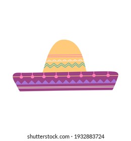 Mexican traditional sombrero hat, cinco de mayo symbol. National head wear element, purple and yellow colors. Hand drawn vector illustration flat cartoon style, isolated on white background 