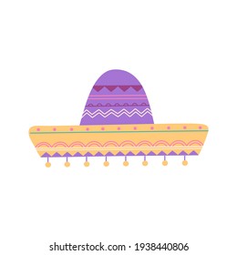 Mexican traditional sombrero hat, cinco de mayo symbol. National head wear with ornament, purple and yellow color. Hand drawn vector illustration flat cartoon style, isolated on white background 