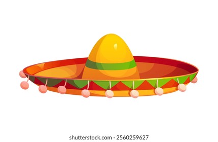 Mexican traditional sombrero hat. Isolated cartoon vector Mariachi musician hat adorned with vibrant colors and intricate patterns, symbolizes Latin culture, cinco de mayo holiday and festive spirit