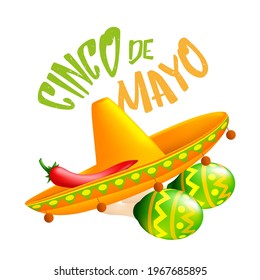 Mexican traditional sombrero hat with red chili pepper on it and green maracas. Vector illustration to 5th of May Cinco de Mayo holiday isolated on a white background