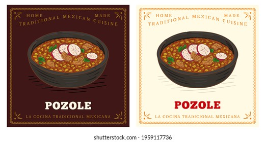 Mexican traditional soup red pozole retro vintage illustration