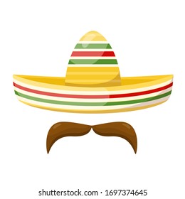 Mexican traditional straw sombrero and mustache. Vector