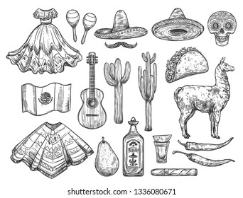 Mexican traditional symbols isolated sketches. Vector national dress huipil and sombrero hat, tequila and cactus, pancho and guitar. Calavera skull and burrito, llama and flag, avocado, Cinco de Mayo