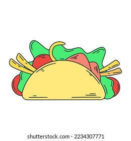 Vector tradicional mexicano de taco. ilustración aislada de comida latinoamericana. Tortilla con lechuga, tomate, carne y vegetales
