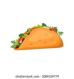 Mexican traditional taco food with corn tartilla, meat, tomato and salad. Fast food icon for restaurant, cafe and design. Vector flat illustration