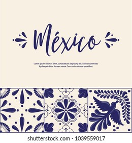 Mexican Traditional Talavera Style Tiles from Puebla; México – Copy Space Floral Composition with Birds