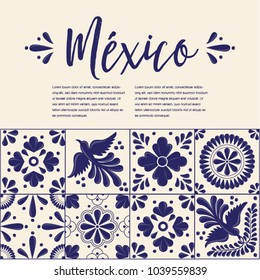 Mexican Traditional Talavera Style Tiles from Puebla; México – Copy Space Floral Composition with Birds