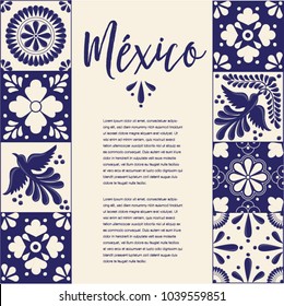 Mexican Traditional Talavera Style Tiles from Puebla; México – Copy Space Floral Composition with Birds