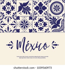 Mexican Traditional Talavera Style Tiles from Puebla; México – Copy Space Floral Composition with Birds