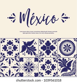 Mexican Traditional Talavera Style Tiles from Puebla; México – Copy Space Floral Composition with Birds