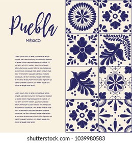 Mexican Traditional Talavera Style Tiles from Puebla; México – Copy Space Floral Composition with Birds