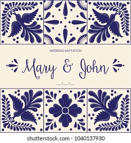 Mexican Traditional Talavera Style Tiles from Puebla; México – Wedding Copy Space Floral Composition with Birds