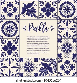 Mexican Traditional Talavera Style Tiles from Puebla; México – Copy Space Floral Composition with Birds