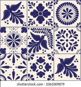 Mexican Traditional Talavera Style Tiles from Puebla; México – Copy Space Floral Composition with Birds