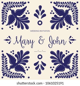 Mexican Traditional Talavera Style Tiles from Puebla; México – Wedding Copy Space Floral Composition with Birds