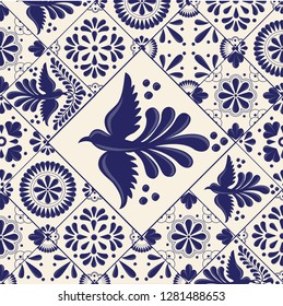 Mexican Traditional Talavera Style Tiles from Puebla; México – Copy Space Floral Composition with Birds