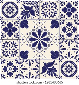 Mexican Traditional Talavera Style Tiles from Puebla; México – Copy Space Floral Composition with Birds