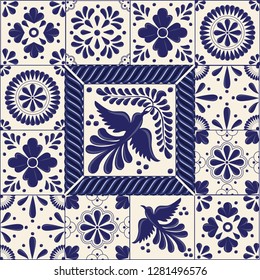 Mexican Traditional Talavera Style Tiles from Puebla; México – Copy Space Floral Composition with Birds