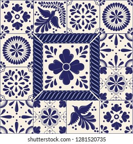 Mexican Traditional Talavera Style Tiles from Puebla; México – Copy Space Floral Composition with Birds