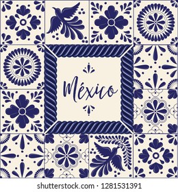 Mexican Traditional Talavera Style Tiles from Puebla; México – Copy Space Floral Composition with Birds