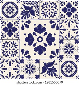 Mexican Traditional Talavera Style Tiles from Puebla; México – Copy Space Floral Composition with Birds