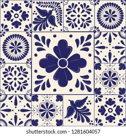 Mexican Traditional Talavera Style Tiles from Puebla; México – Copy Space Floral Composition with Birds