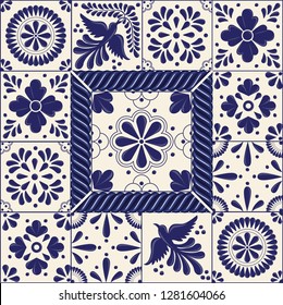 Mexican Traditional Talavera Style Tiles from Puebla; México – Copy Space Floral Composition with Birds