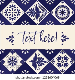 Mexican Traditional Talavera Style Tiles from Puebla; México – Copy Space Floral Composition with Birds