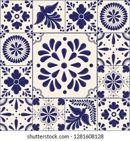 Mexican Traditional Talavera Style Tiles from Puebla; México – Floral Composition with Birds