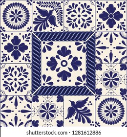 Mexican Traditional Talavera Style Tiles from Puebla; México – Floral Composition with Birds