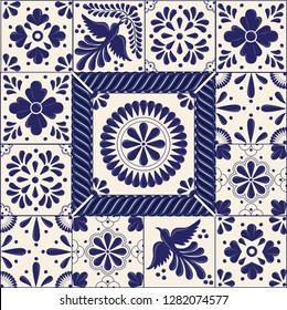 Mexican Traditional Talavera Style Tiles from Puebla; México – Floral Composition with Birds