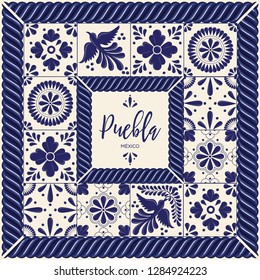 Mexican Traditional Talavera Style Tiles from Puebla; México – Copy Space Floral Composition with Birds - Vector
