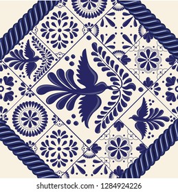 Mexican Traditional Talavera Style Tiles from Puebla; México – Copy Space Floral Composition with Birds - Vector