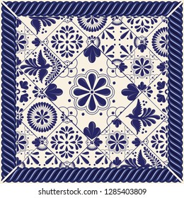 Mexican Traditional Talavera Style Tiles from Puebla; México – Copy Space Floral Composition with Birds - Vector