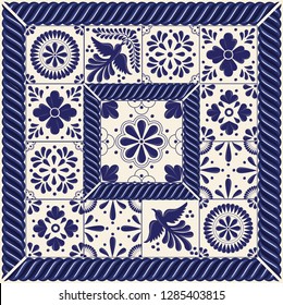 Mexican Traditional Talavera Style Tiles from Puebla; México – Copy Space Floral Composition with Birds - Vector