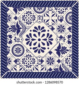 Mexican Traditional Talavera Style Tiles from Puebla; México – Copy Space Floral Composition with Birds - Vector