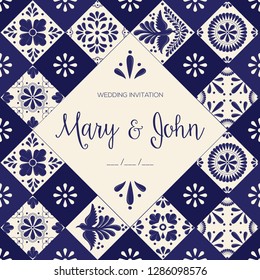 Mexican Traditional Talavera Style Tiles from Puebla; México – Wedding Invitation, Copy Space. Floral Composition with Birds