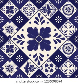 Mexican Traditional Talavera Style Tiles from Puebla; México – Floral Composition with Birds