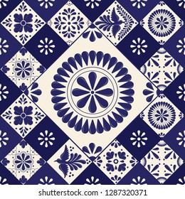 Mexican Traditional Talavera Style Tiles from Puebla; México – Floral Composition with Birds