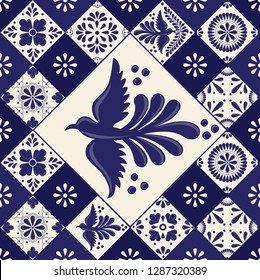 Mexican Traditional Talavera Style Tiles from Puebla; México – Floral Composition with Birds