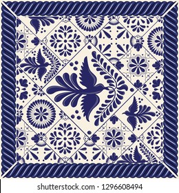 Mexican Traditional Talavera Style Tiles from Puebla; México – Copy Space Floral Composition with Birds - Vector