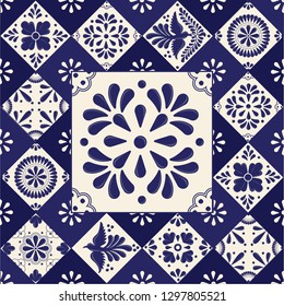 Mexican Traditional Talavera Style Tiles from Puebla; México – Floral Composition with Birds