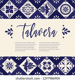 Mexican Traditional Talavera Style Tiles from Puebla; México – Copy Space Floral Composition with Birds