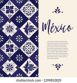 Mexican Traditional Talavera Style Tiles from Puebla; México – Copy Space Floral Composition with Birds