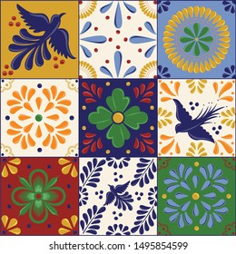 Mexican Traditional Talavera Style Tiles from Puebla; México – Floral Set with Birds