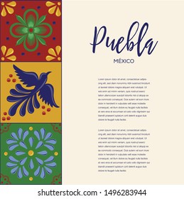 Mexican Traditional Talavera Style Tiles from Puebla; México – Copy Space Floral Composition with Birds