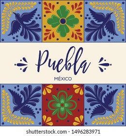 Mexican Traditional Talavera Style Tiles from Puebla; México – Copy Space Floral Composition with Birds