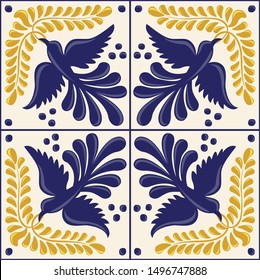 Mexican Traditional Talavera Style Tiles from Puebla; México – Floral Set with Birds