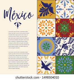 Mexican Traditional Talavera Style Tiles from Puebla; México – Copy Space Floral Composition with Birds